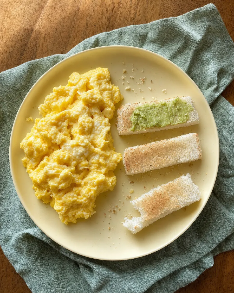 Fully cooked scrambled egg with soft toast strips, one thinly spread with avocado