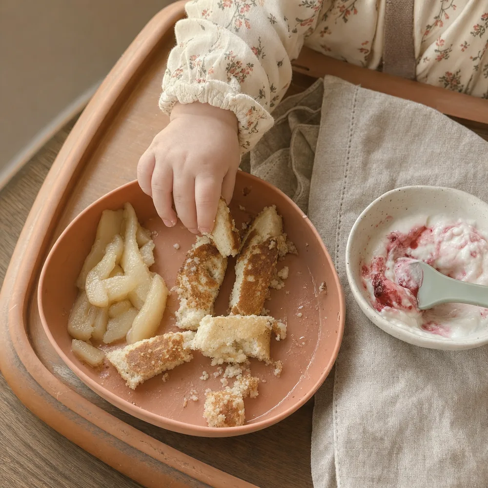 Baby hand reaching for soft pancake strips beside soft pear and a bowl of yogurt, with soft pear beside a bowl of plain yogurt swirled with mashed berries