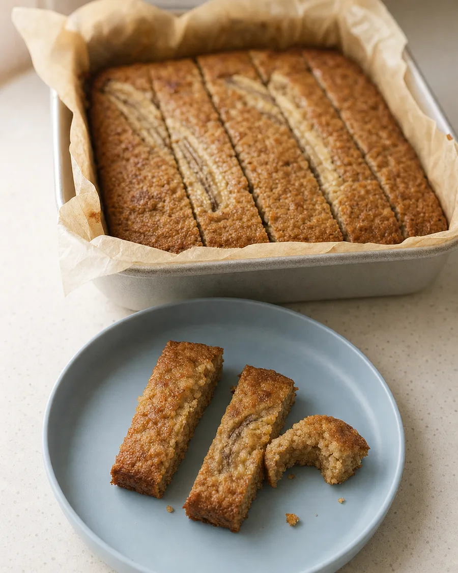 Soft baked banana oatmeal fingers on a blue plate beside the baking pan