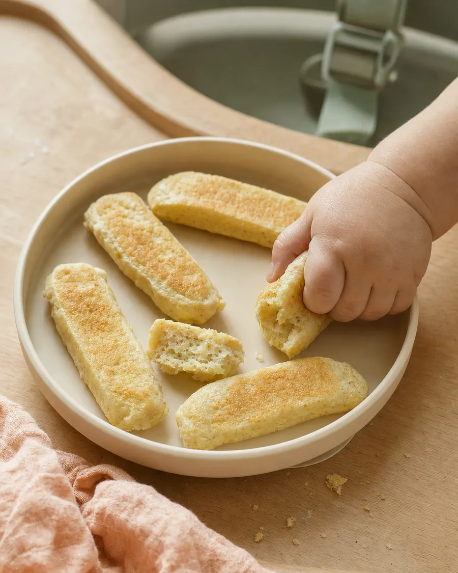 Soft banana pancake strips on a cream plate as a baby reaches for one