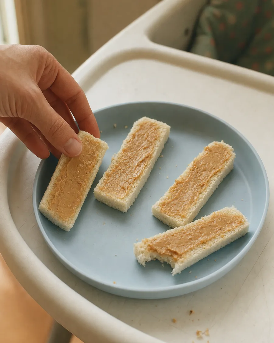 Soft toast strips thinly spread with peanut butter on a blue plate