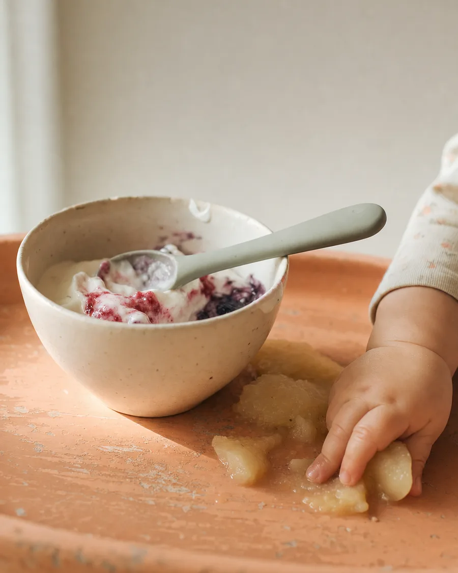 Plain yogurt swirled with mashed berries, soft ripe pear pieces and a baby hand