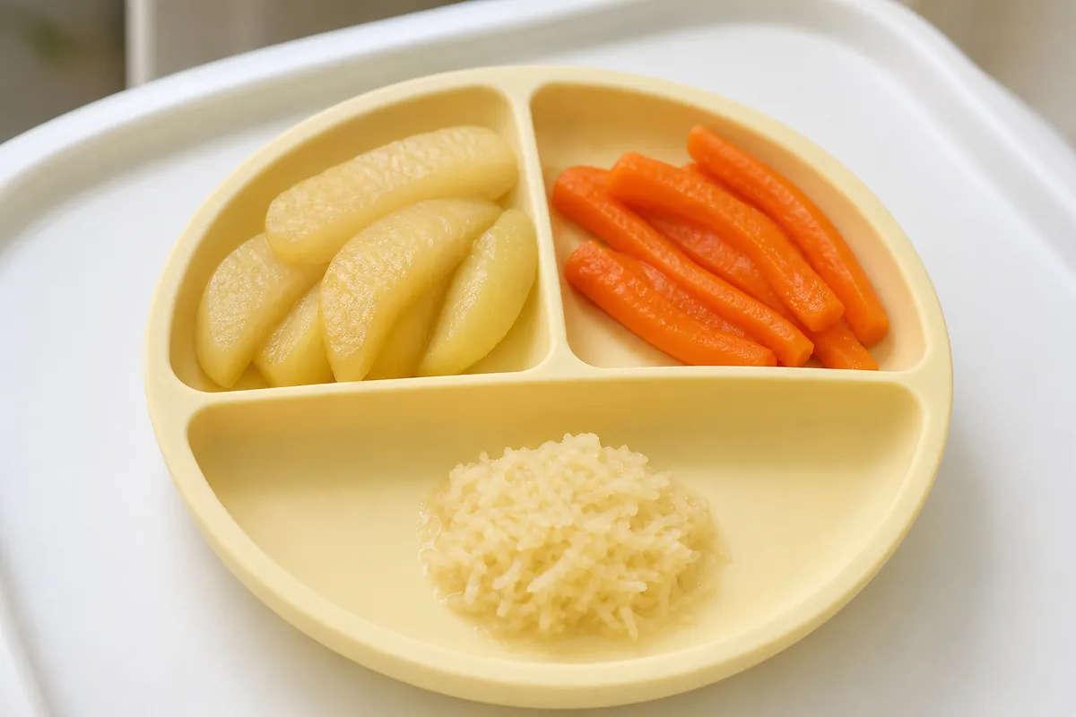Steamed soft apple wedges, soft steamed carrot sticks, and grated apple on a yellow baby plate