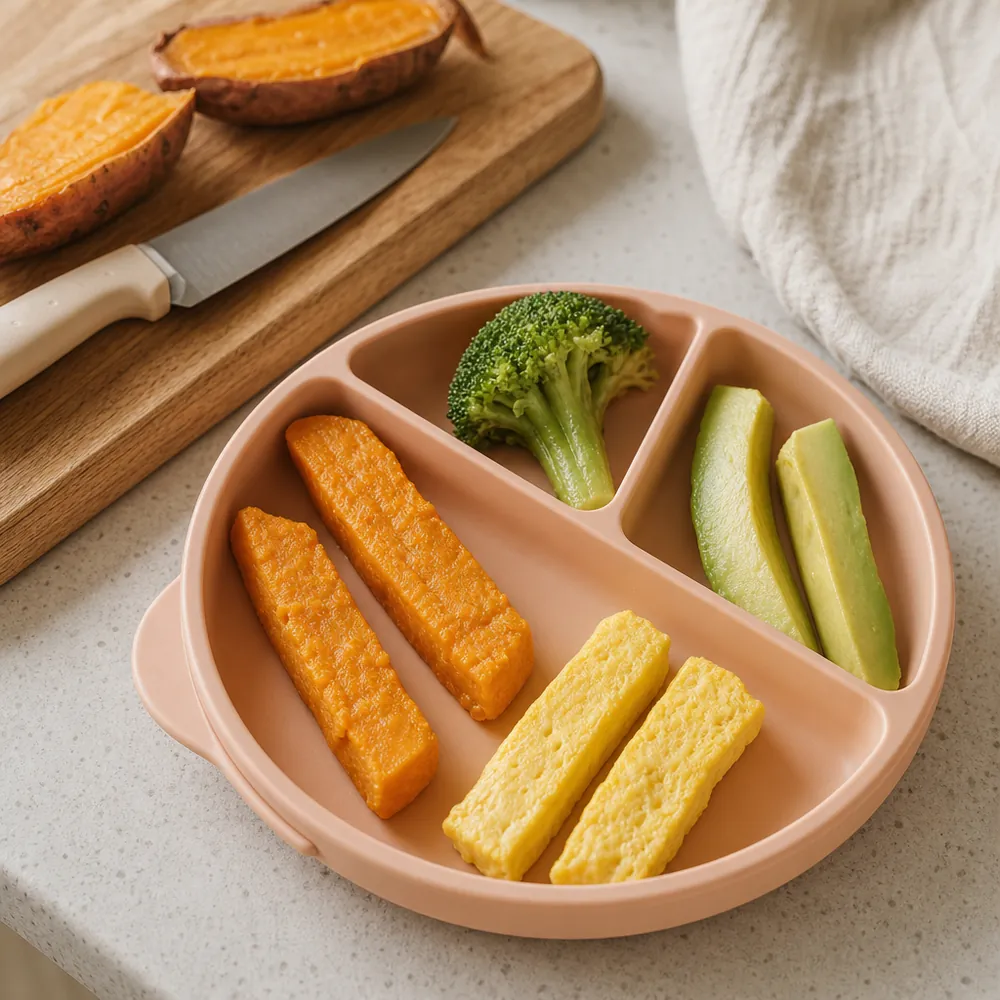 Soft sweet potato fingers, a broccoli floret with a long stalk, avocado spears, and omelet strips on a baby plate, cut for a 6 month old