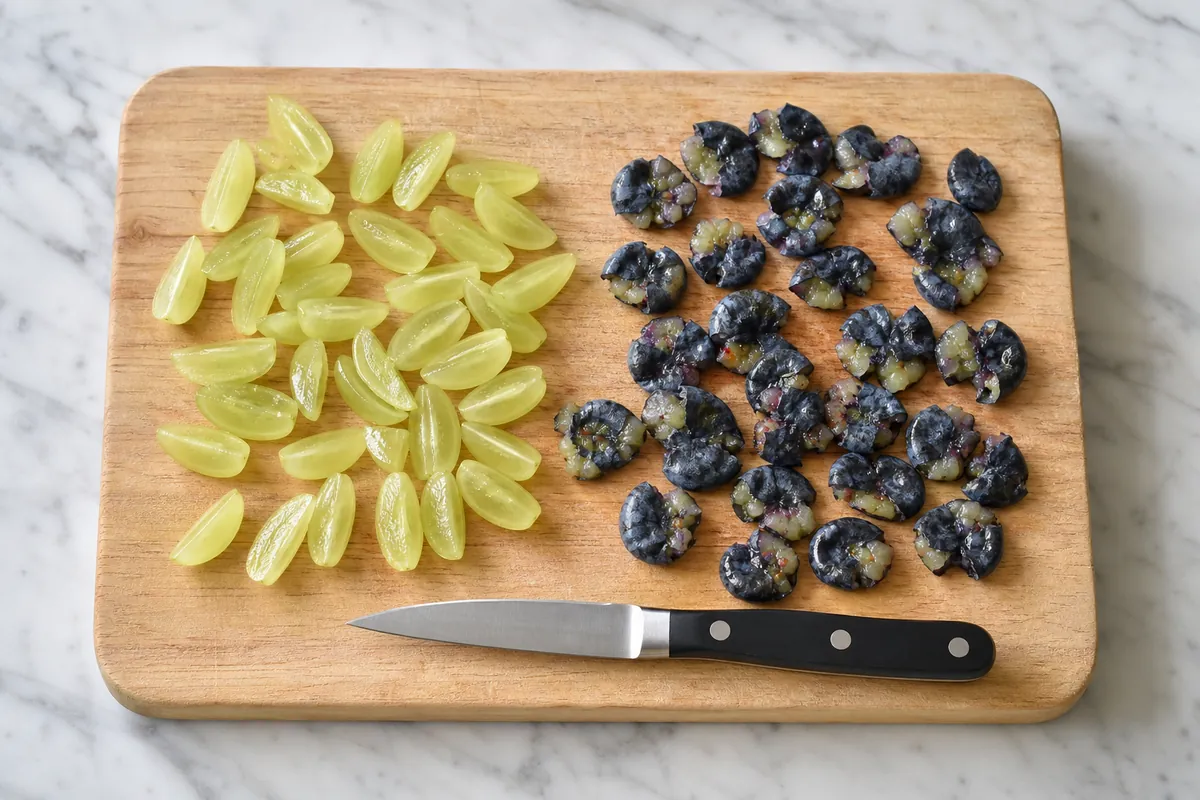 Green grapes cut lengthwise into quarters and blueberries pressed flat on a cutting board