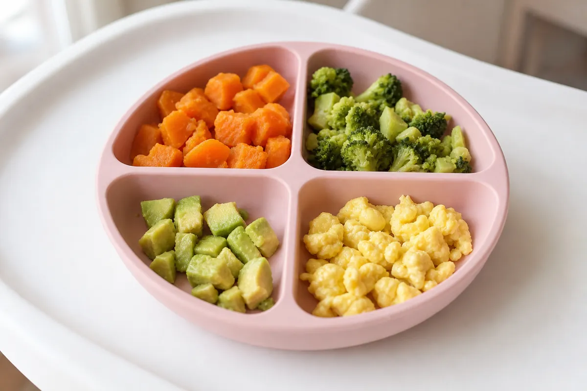 Small soft cubes of sweet potato and avocado, small broccoli pieces, and scrambled egg on a pink baby plate