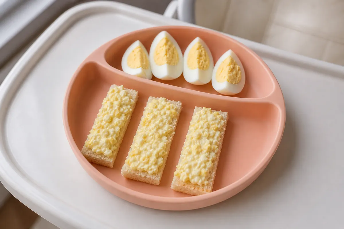 Hard-boiled egg quarters with firm yolks beside toast strips spread with mashed egg