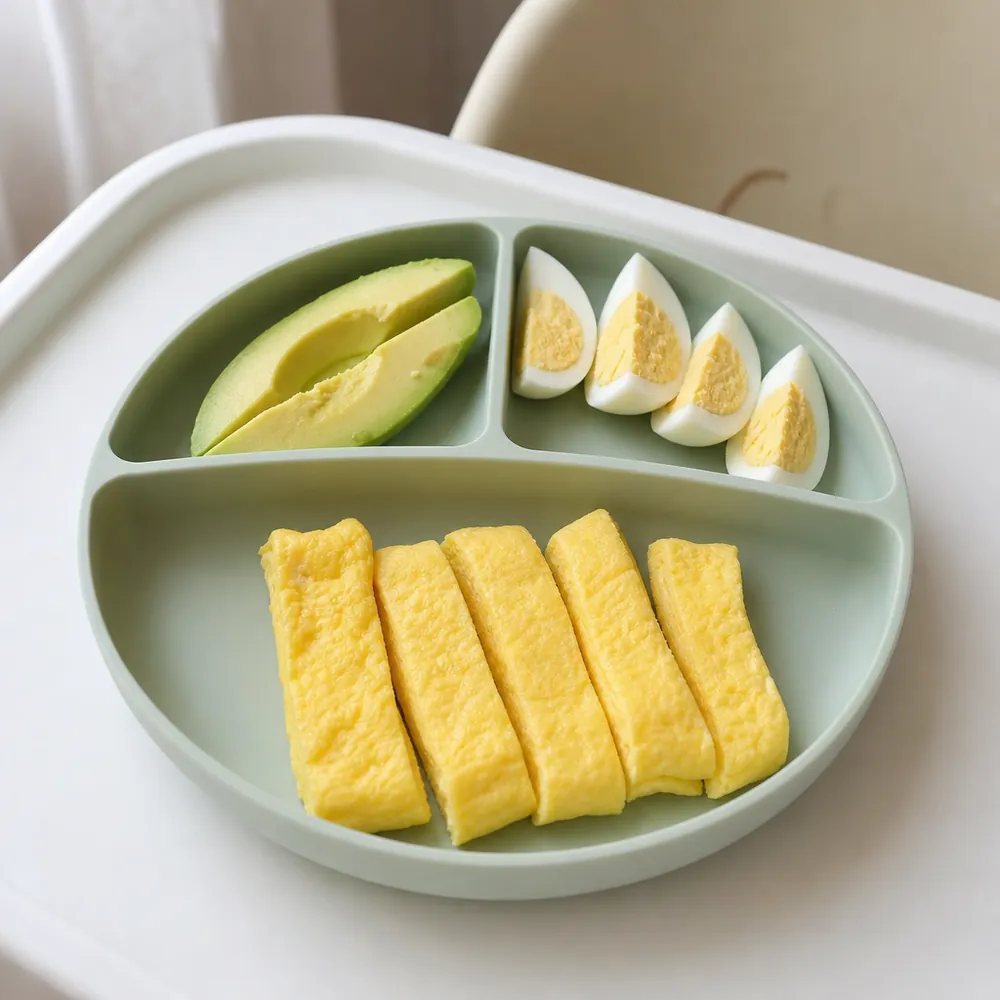 Omelet strips, hard-boiled egg quarters, and avocado spears on a green baby plate