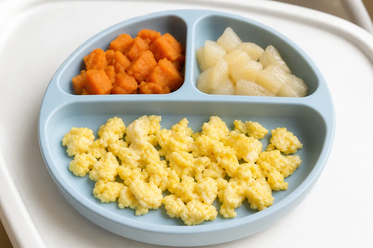 Small pieces of scrambled egg with soft sweet potato and ripe pear on a blue baby plate