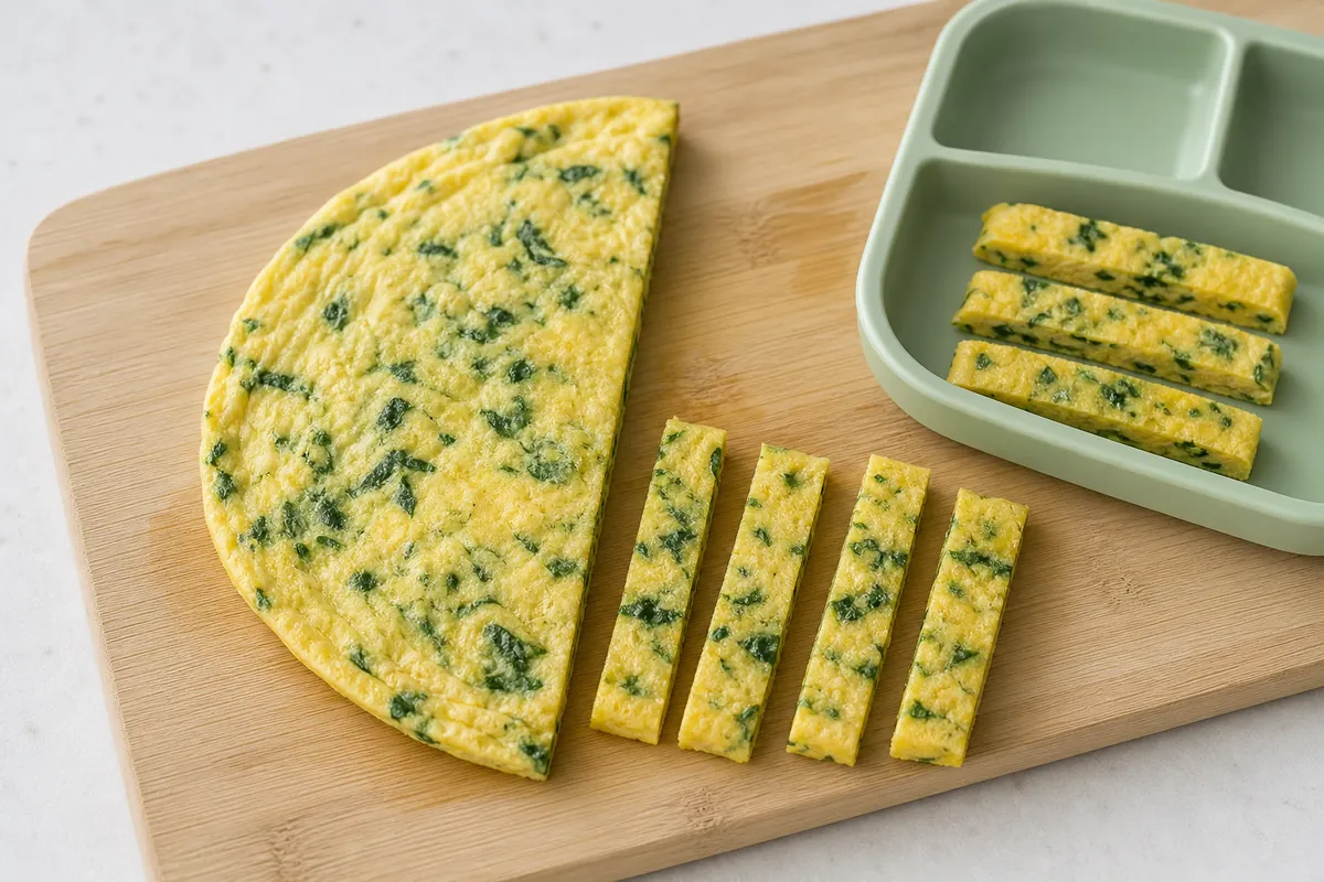 A fully cooked spinach omelet cut into finger-length strips on a cutting board