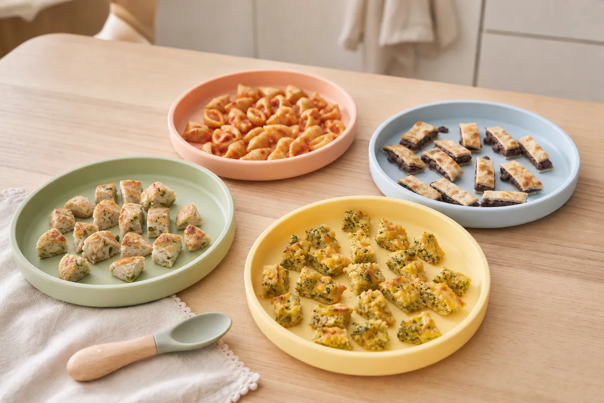 Four pastel baby plates with quartered turkey meatballs, lentil tomato pasta shells, bean quesadilla strips, and broccoli cheddar fritters
